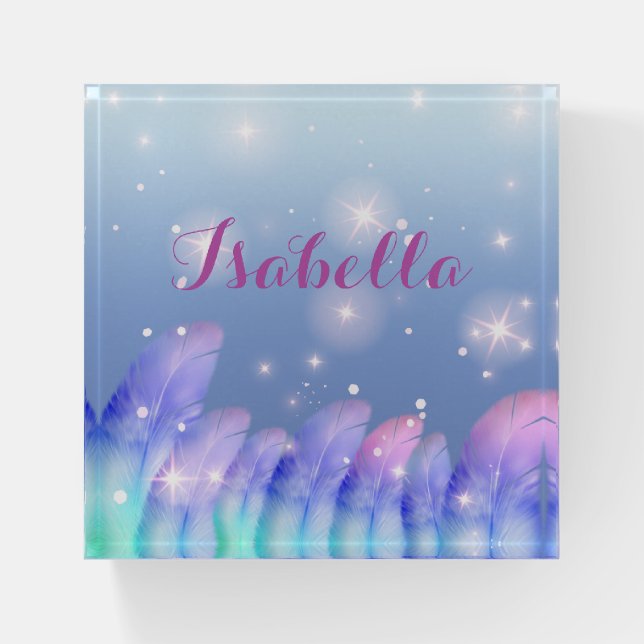 Boho Pastel Purple Pink Feathers Sparkles Custom Paperweight (Front)