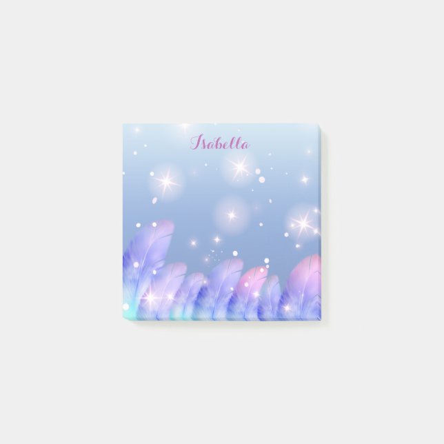 Boho Pastel Purple Pink Feathers Sparkles Custom Post-it Notes (Front)