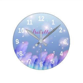 Boho Pastel Purple Pink Feathers Sparkles Custom Round Clock