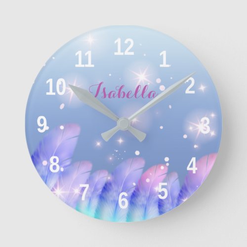 Boho Pastel Purple Pink Feathers Sparkles Custom Round Clock