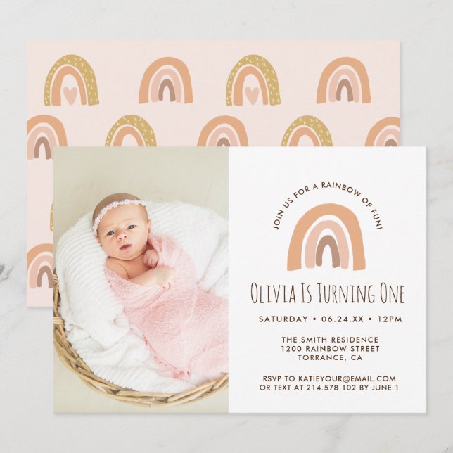 Boho Pastel Rainbow 1st Birthday Photo Invitation (Front/Back)