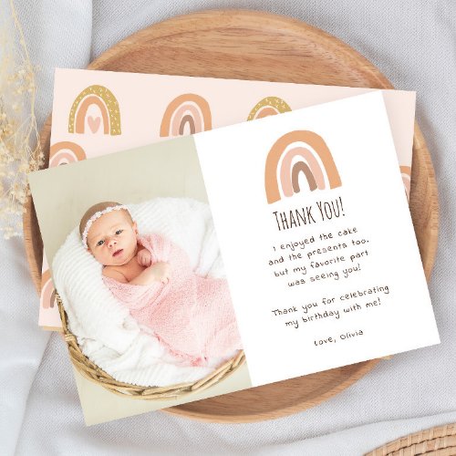 Boho Pastel Rainbow 1st Birthday Photo Thank You Invitation