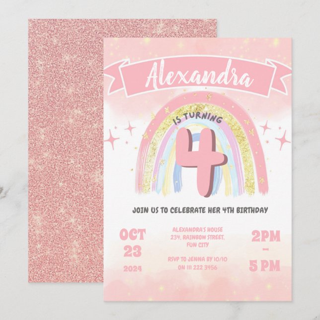 Boho Pastel Rainbow 4th Four Birthday Girl Glitter Invitation (Front/Back)