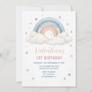 Boho Pastel Rainbow Clouds Girl 1st Birthday Stars Invitation