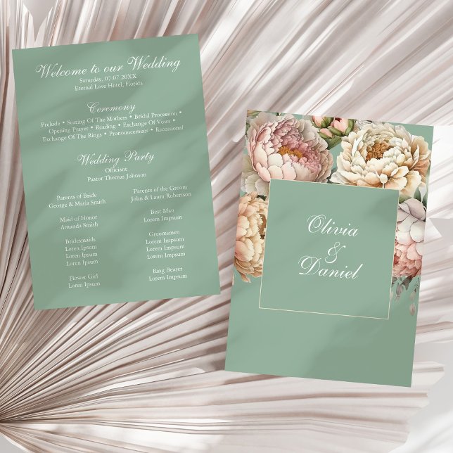 Boho Pastel Sage & Blush Peonies Wedding Program (Boho Pastel Sage & Blush Peonies Wedding Program on a sunny neutral dry palm leaf.)