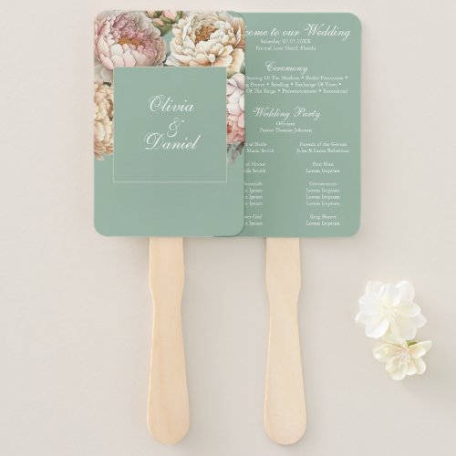 Boho Pastel Sage  Blush Peonies Wedding Program Hand Fan