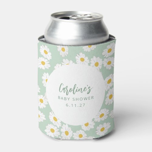 Boho Pastel Sage Daisies Floral Custom Baby Shower Can Cooler