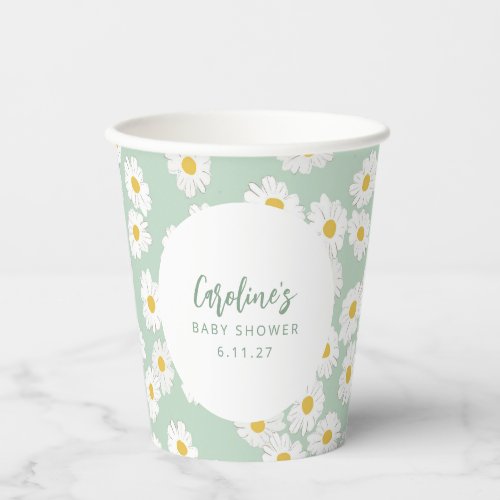 Boho Pastel Sage Daisies Floral Custom Baby Shower Paper Cups