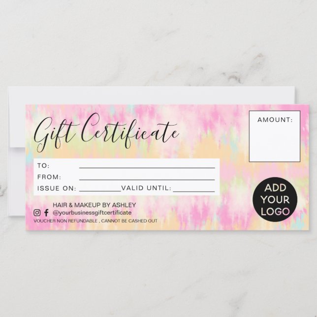 Boho pastel tie dye gift certificate logo (Front)