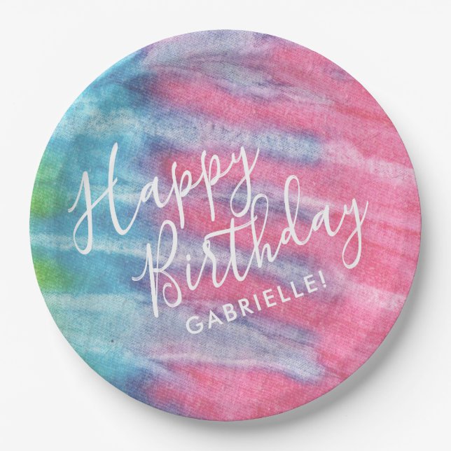 Boho Pastel Tie Dye Happy Birthday with Name Paper Plates (Front)