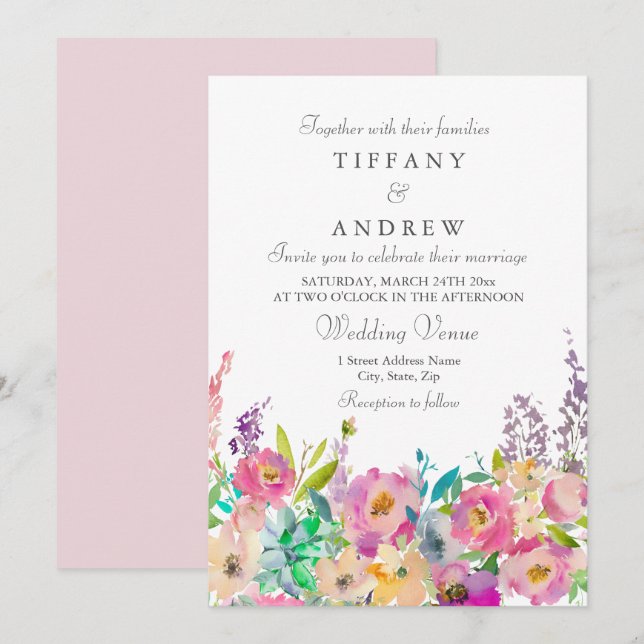 Boho Pastel Watercolor Floral Wedding Invitation (Front/Back)