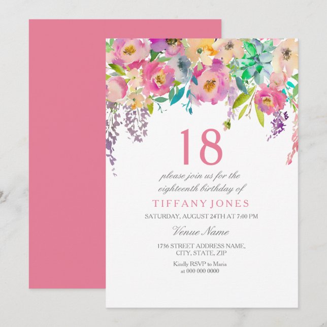 Boho Pastel Watercolor Flowers 18th Birthday Party Invitation (Front/Back)