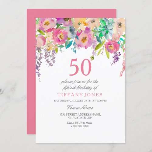 Boho Pastel Watercolor Flowers 50th Birthday Party Invitation