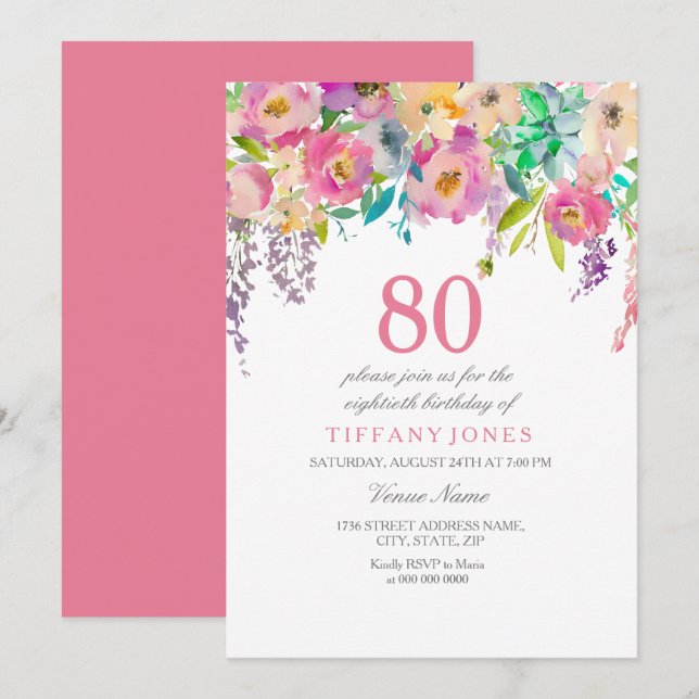 Boho Pastel Watercolor Flowers 80th Birthday Party Invitation (Front/Back)
