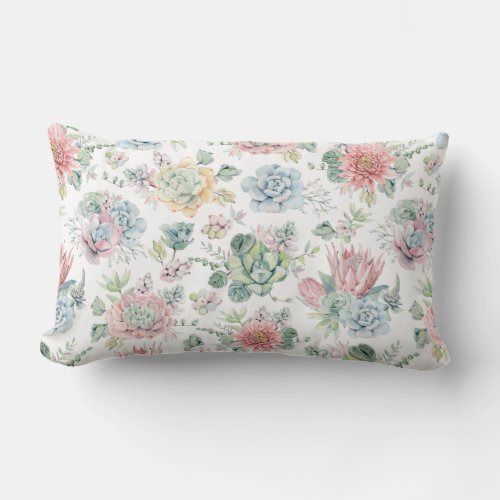 Boho Pastel Watercolor Succulents Floral Pattern Lumbar Pillow