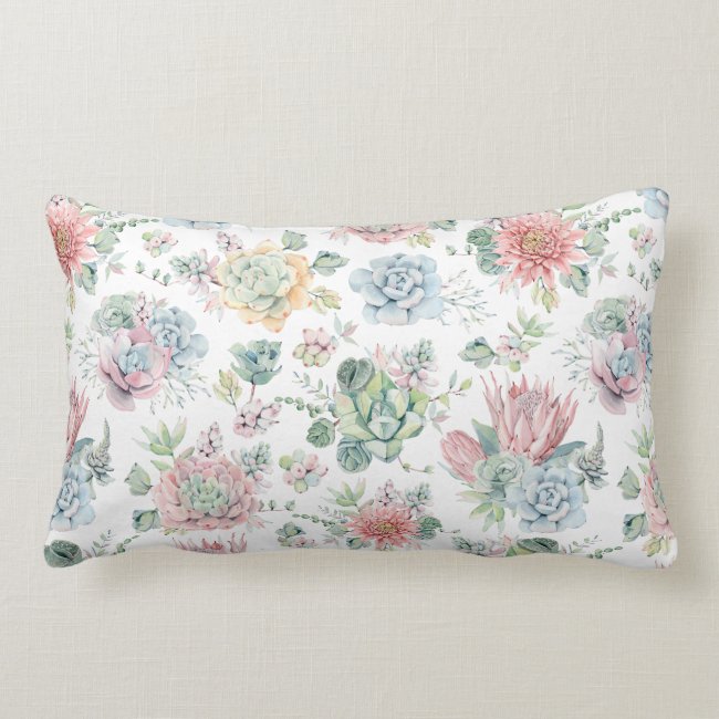 Boho Pastel Watercolor Succulents Floral Pattern Lumbar Pillow