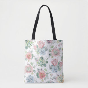 Boho Pastel Watercolor Succulents Floral Pattern Tote Bag