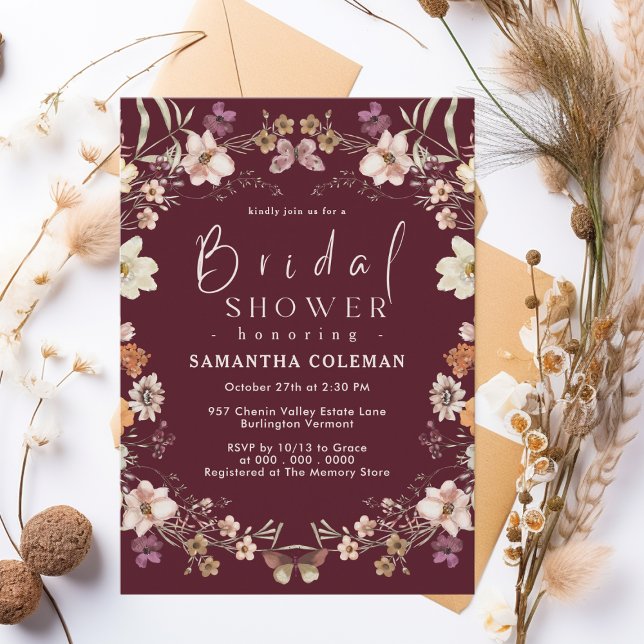 Boho Pastel Wildflower Burgundy Bridal Shower Invitation (Creator Uploaded)