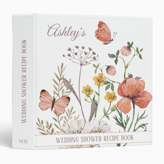 Boho Pastel Wildflower Custom Bridal Shower Recipe 3 Ring Binder (Front/Spine)