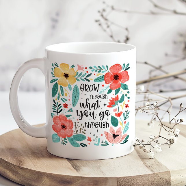Boho Pastel Wildflowers Inspirational Self-Care Coffee Mug (Boho Pastel Wildflowers Inspirational Self-Care Coffee Mug on a boho kitchen table.)