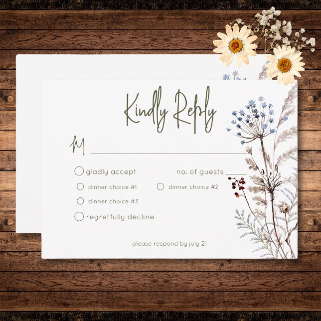 Boho Pastel Wildflowers Modern Floral Three Dinner RSVP Card (Boho Pastel Wildflowers Modern Floral Three Dinner RSVP Card)