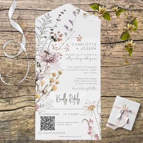 Boho Pastel Wildflowers Modern QR Code All In One Invitation