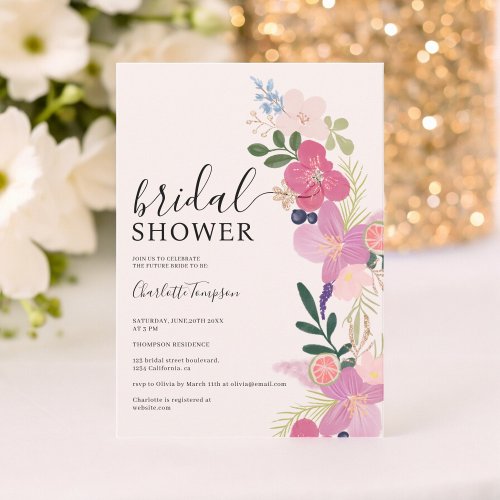 Boho pastel wildflowers pink gold bridal shower invitation