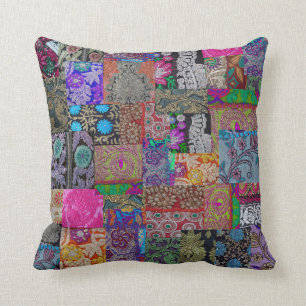 Boho Patchwork, antique sari swatches Throw Pillow