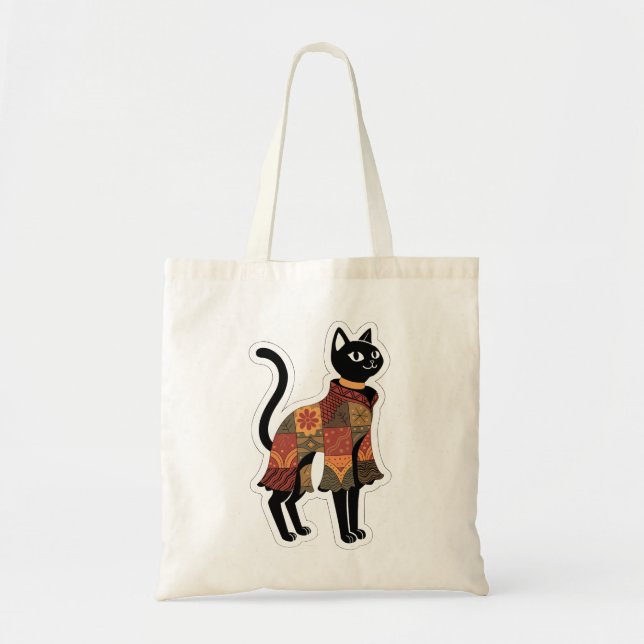 Boho Patchwork Black Cat Folk Art Tote Bag (Front)