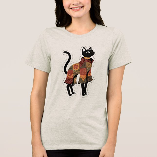 Boho Patchwork Black Cat Graphic Tee (Front)