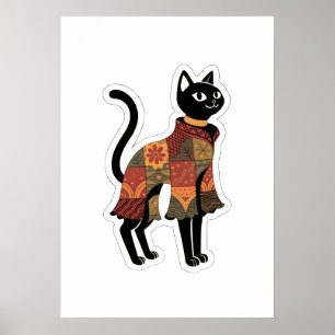 Boho Patchwork Black Cat Greeting Poster