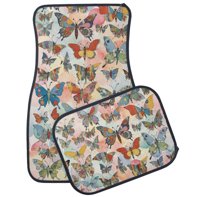 Boho Patchwork Butterflies Floral Pastels Car Floor Mat (Set)