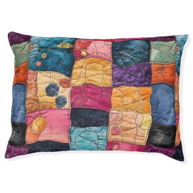 Boho Patchwork Colorful Denim Quilt Patches  Pet Bed (Front)