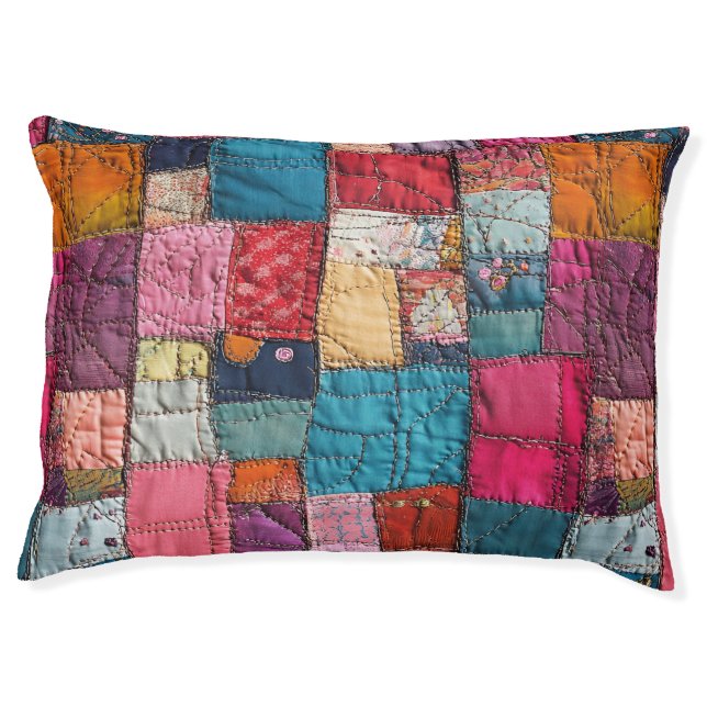 Boho Patchwork Colorful Denim Quilt Patches  Pet Bed (Front)