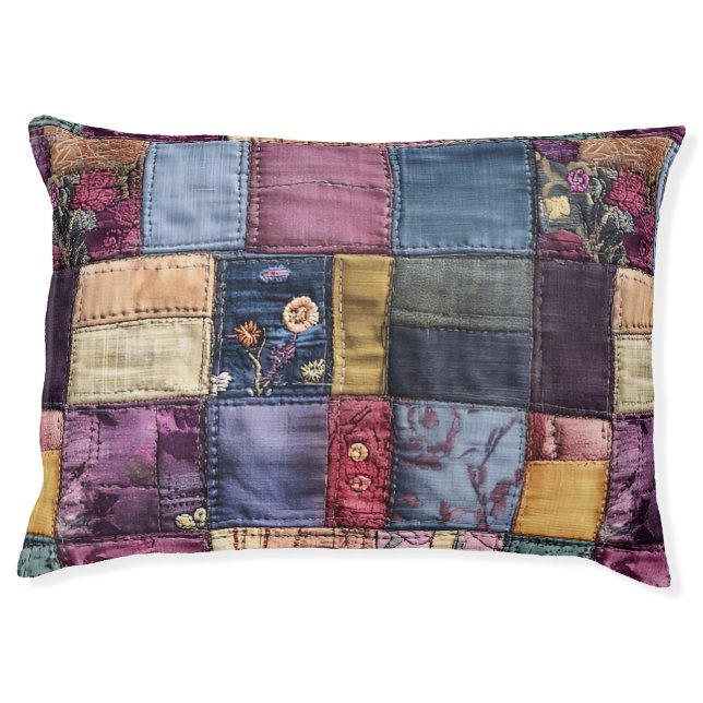 Boho Patchwork Colorful Denim Quilt Patches  Pet Bed (Front)