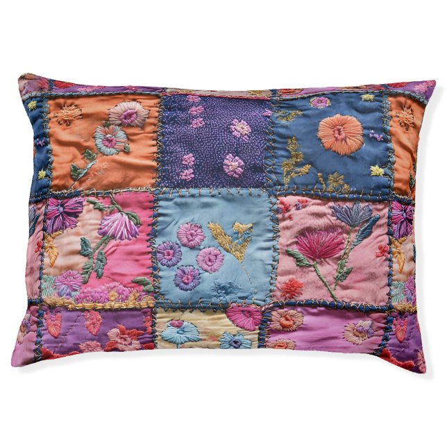Boho Patchwork Colorful Denim Quilt Patches  Pet Bed (Front)