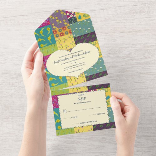 Boho Patchwork Quilt and Heart Shape Wedding All In One Invitation