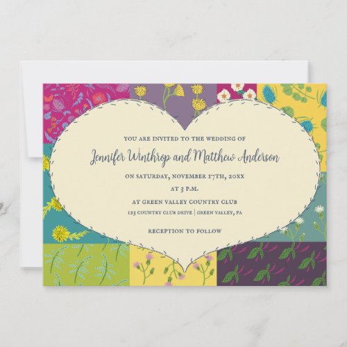 Boho Patchwork Quilt and Heart Shape Wedding Invitation