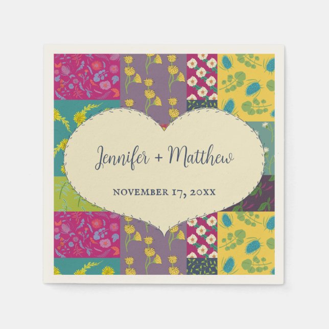 Boho Patchwork Quilt and Heart Shape Wedding Napkins (Front)