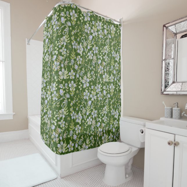 Boho pattern 02.w Floral on D Green BG Shower Curtain (In Situ)