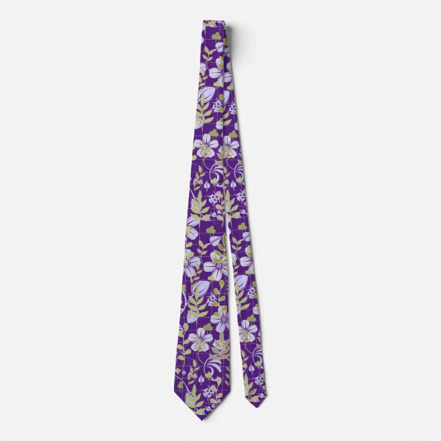 Boho pattern 02.w Floral on D Purple BG Neck Tie (Front)