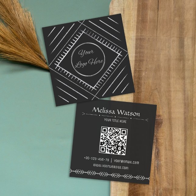 Boho pattern black with logo feminine square business card (Creator Uploaded)