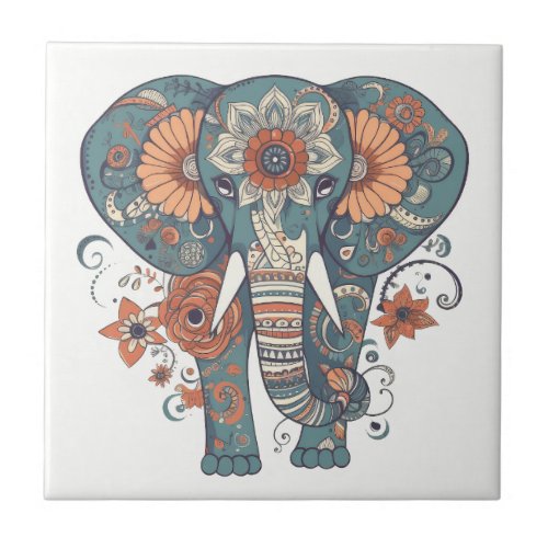 Boho Pattern Floral Elephant  Ceramic Tile