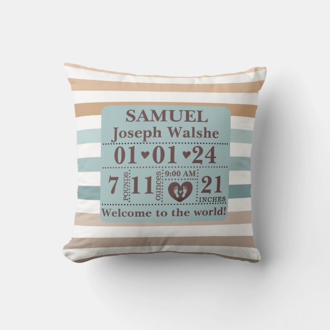 Boho Pattern Personalized Birth Stats Throw Pillow (Front)