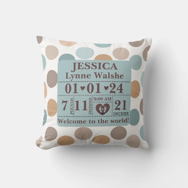 Boho Pattern Personalized Birth Stats Throw Pillow (Front)