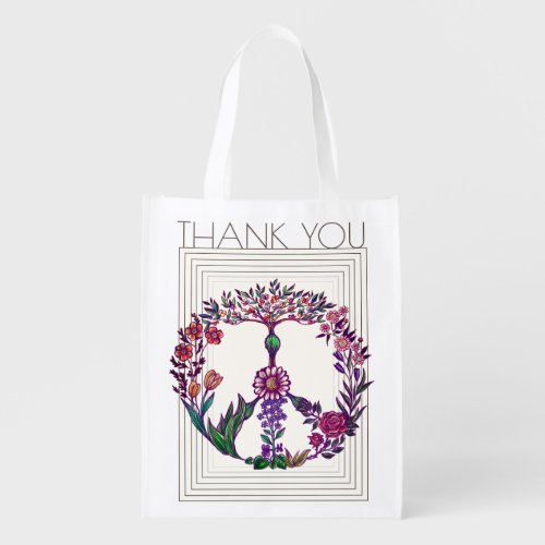 Boho Peace Sign Elegant Girly Cute Pretty Floral Grocery Bag