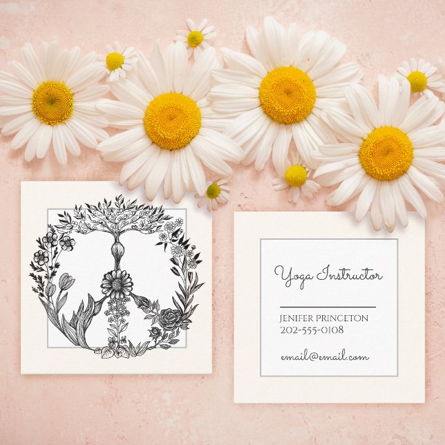 Boho Peace Sign Elegant Girly Cute Pretty Floral Square Business Card (Creator Uploaded)