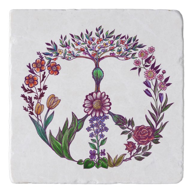 Boho Peace Sign Elegant Girly Cute Pretty Floral Trivet (Front)