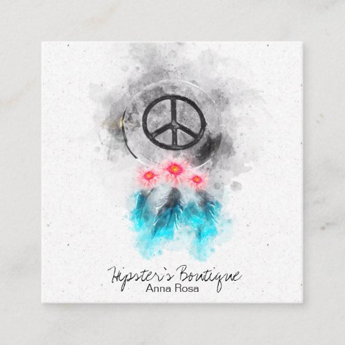  Boho Peace Sign Flowers Feathers Grunge Tribal Square Business Card