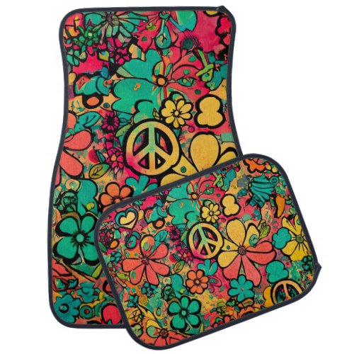 Boho Peace Sign Retro Colorful Floral Flowers Car Floor Mat